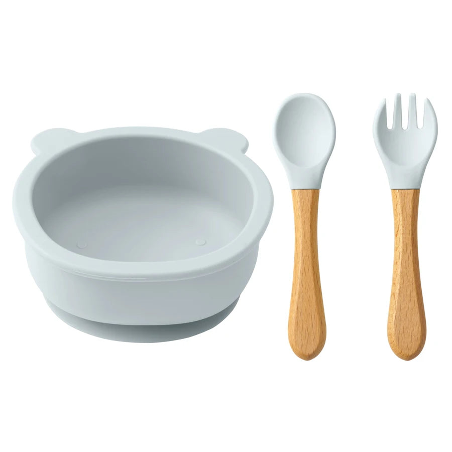 Mamaplan Baby Silicone Tableware Wooden Handle Spoon Fork Feeding Sucker Bowl Training Learning Baby Stuff  Baby Dinner Set
