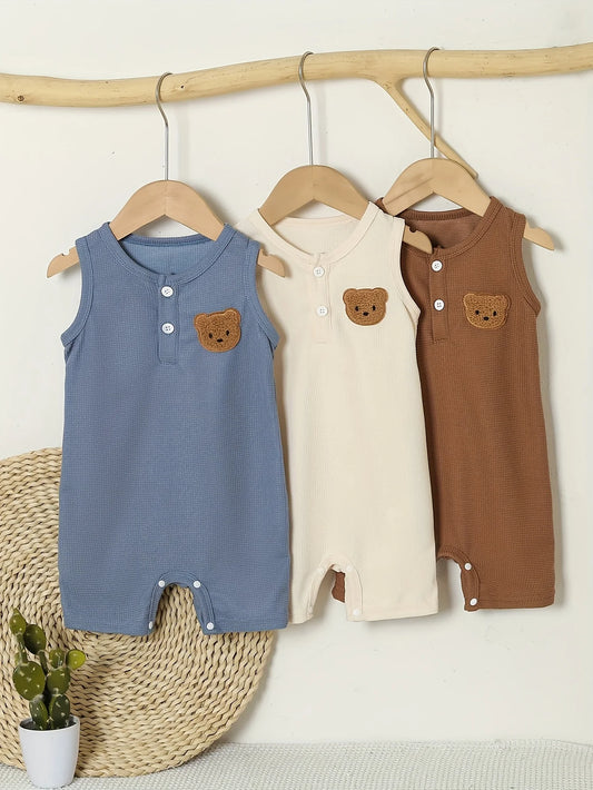 A Cute Little Bear Sticker Sleeveless Comfortable Vest Jumpsuit For A Baby Boy 3 Pieces In Summer Made Of Waffle Fabric