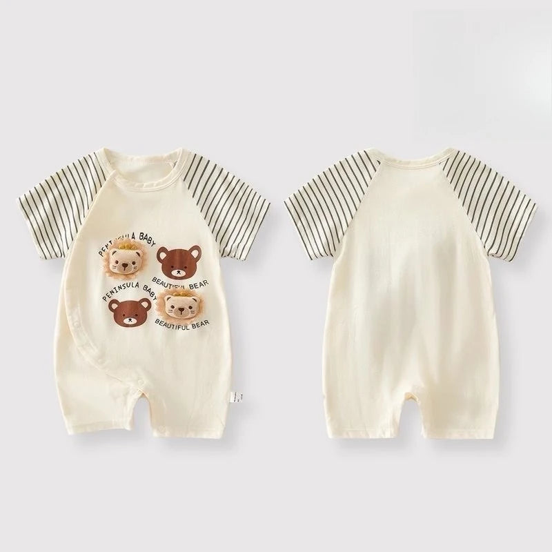 Gender-Neutral Baby Summer Lightweight 3D Lion Head Romper Cute Toddler Striped Short-Sleeve Cozy Outdoor Onesie