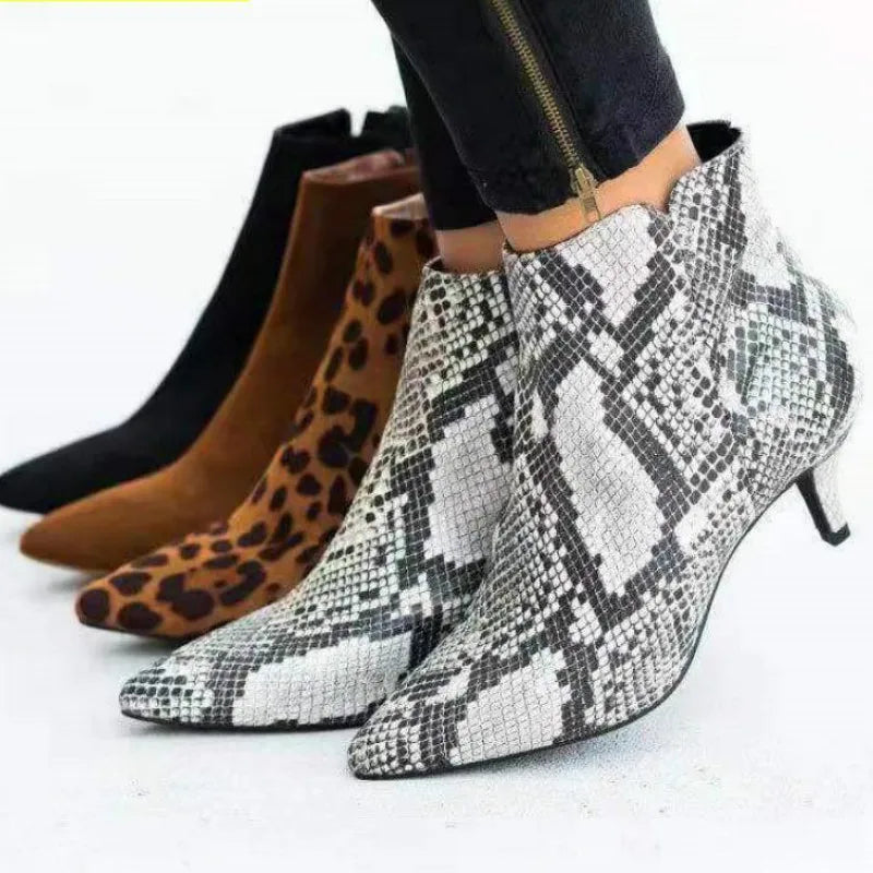 NEW Women's Ankle Boots Leopard Women Pointed Toe Ladies Chunky High Heel Female Shoes Woman Footwear Plus Size 35-43 Snake