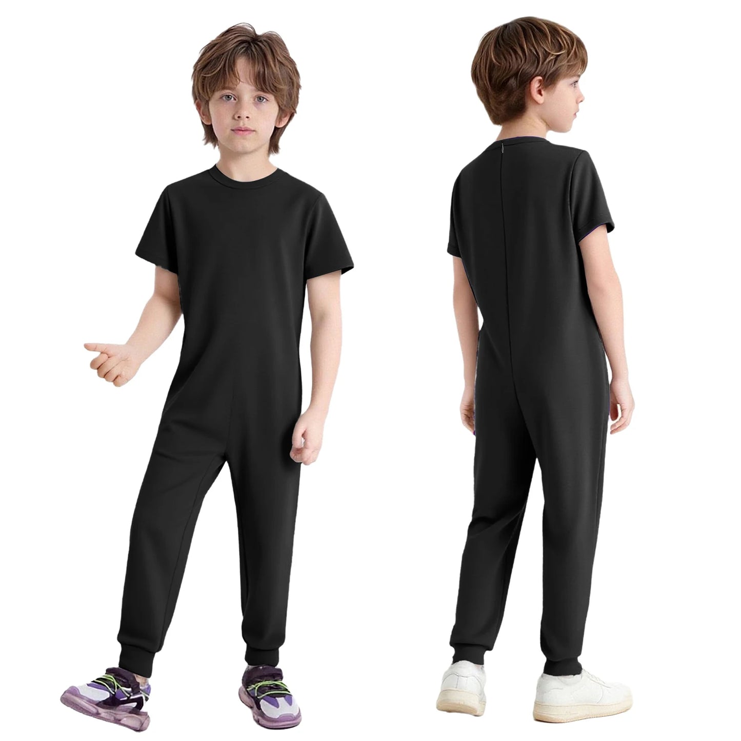 Kids Boys Girls Special Needs Adaptive Clothing Cotton Round Neck Short Sleeve Back Zipper Solid Color Full Body Jumpsuit Romper