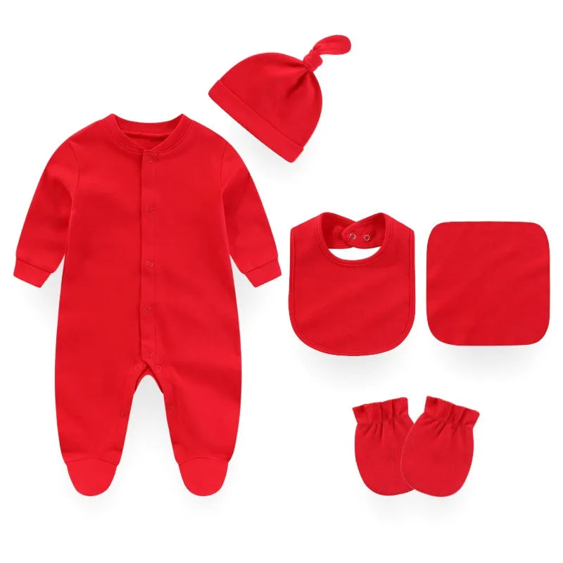 Kiddiezoom 7 Colors Solid Unisex Baby Boy Girl Romper+Burp Cloth+Bib+Hats+Gloves Baby Clothing Sets