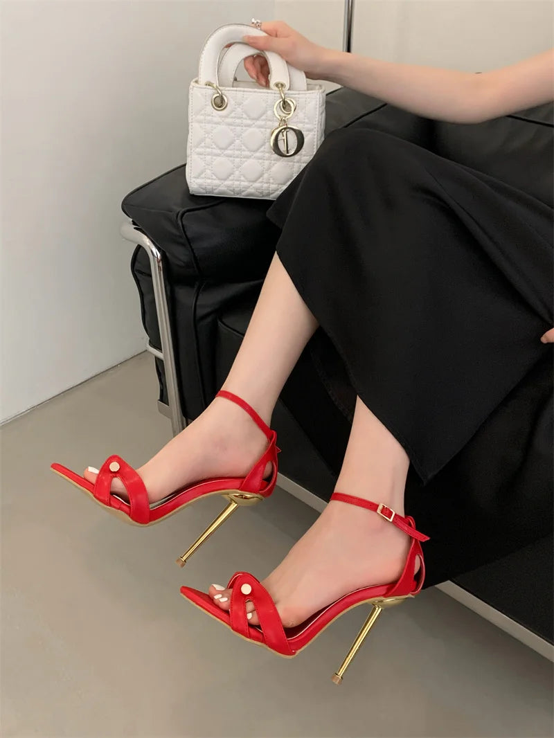 Liyke Leopard Print Ankle Strap Stilettos Sandals Women Party Dress Shoes Metal Narrow Band Pointed Toe Stripper Heels Size 41