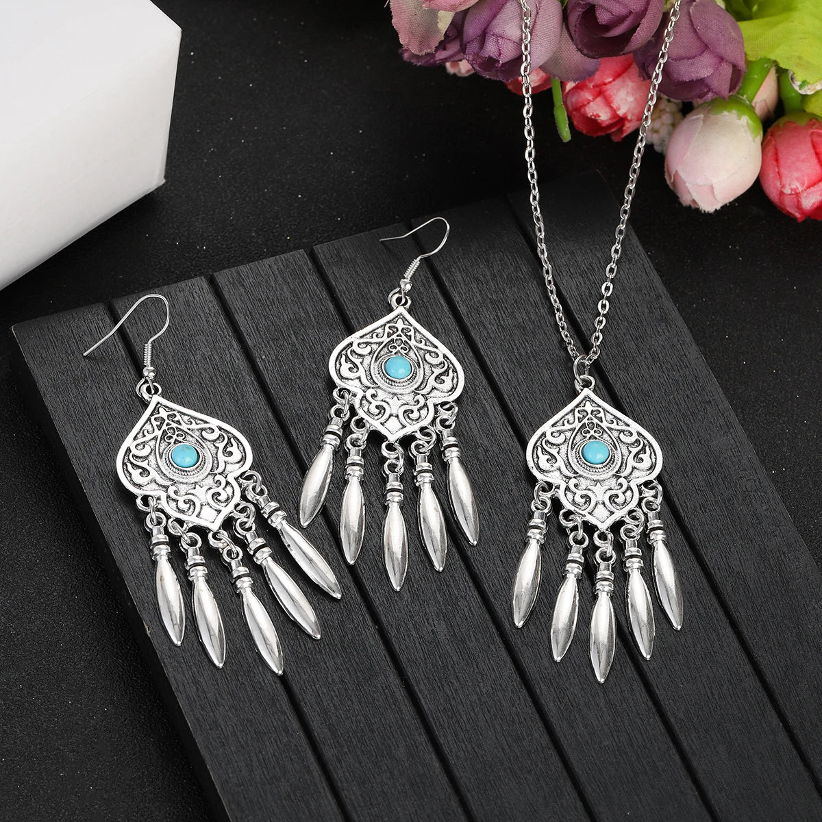 2023 Indian Jewelry Set Ethnic Silver Plated Geometric Carved Tassel Earring Necklace Women's Blue Turquoises Chain Jewelry