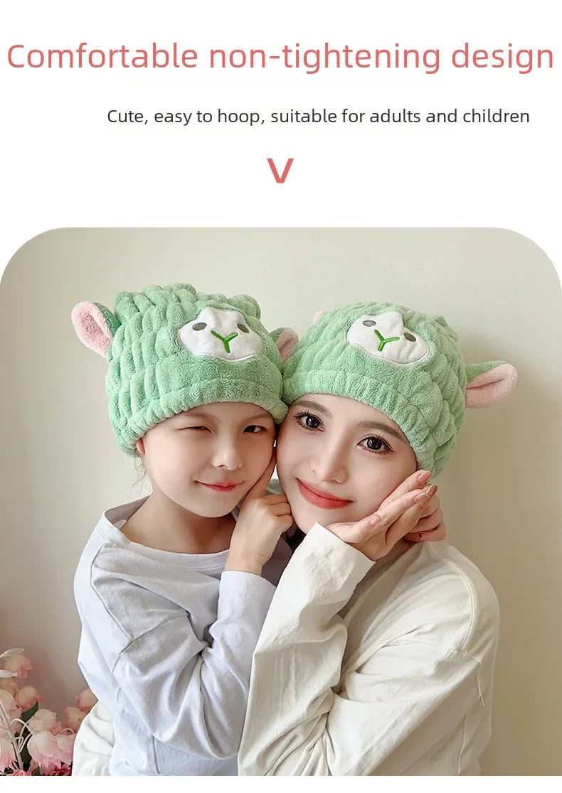 Coral Fleece Cartoon Kids Hair Drying Hat Animal Embroidered Shower Cap Absorbent Quick Dry Tape Cute Bathroom Accessory Soft