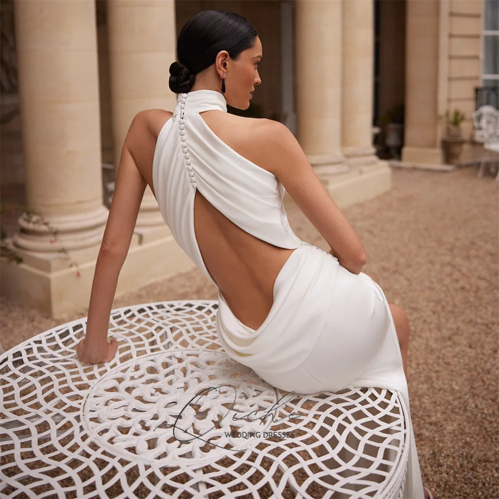 QICHE Elegant High Collar Pleat Mermaid Wedding Dress Women Sleeveless Open Back High Side Split Buttons Bridal Gown Customized