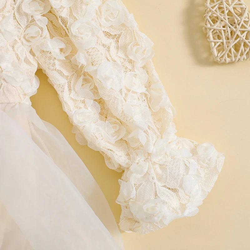 Baby Girls Autumn Romper Dress Long Sleeve Lace Floral Tulle Patchwork Romper with Headband