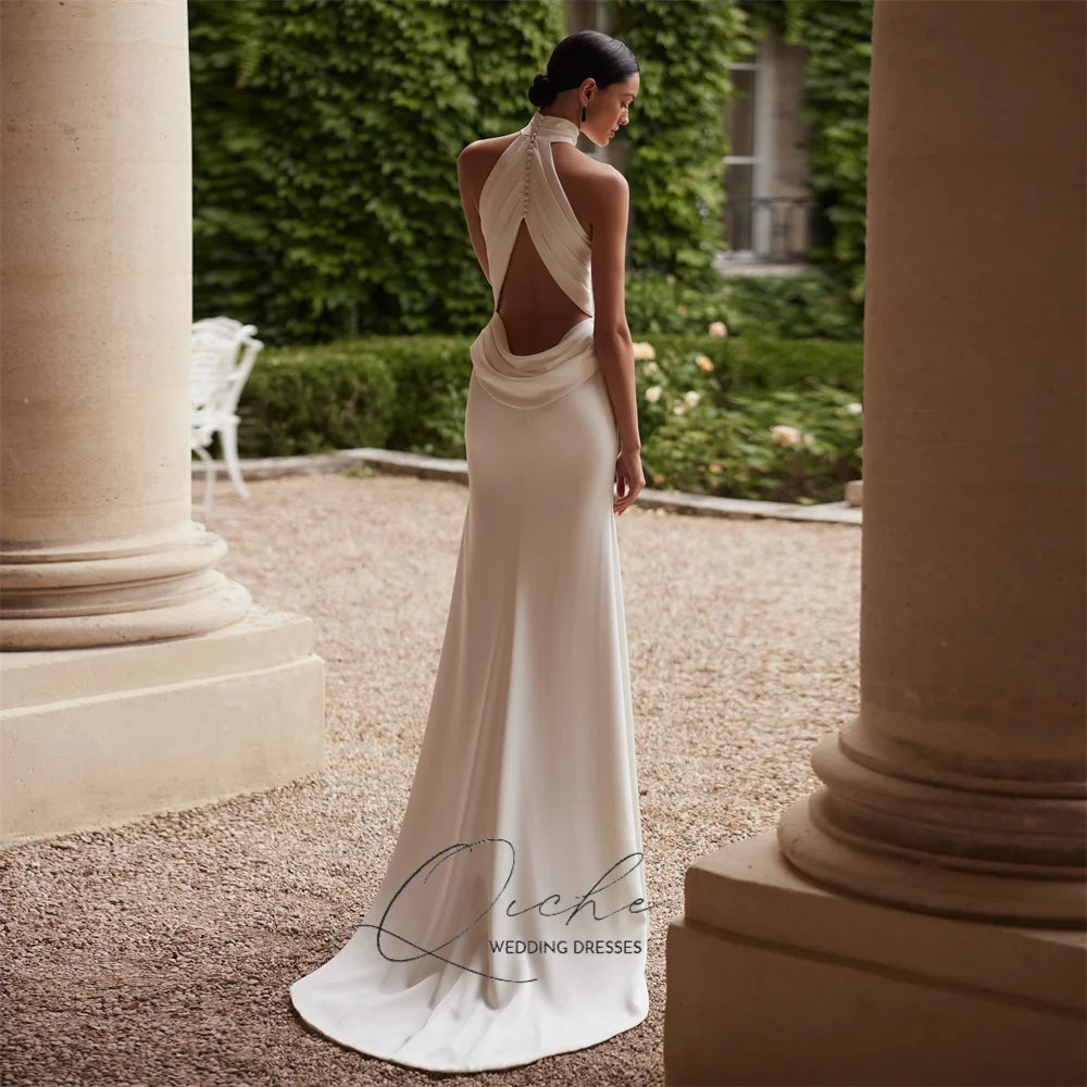 QICHE Elegant High Collar Pleat Mermaid Wedding Dress Women Sleeveless Open Back High Side Split Buttons Bridal Gown Customized