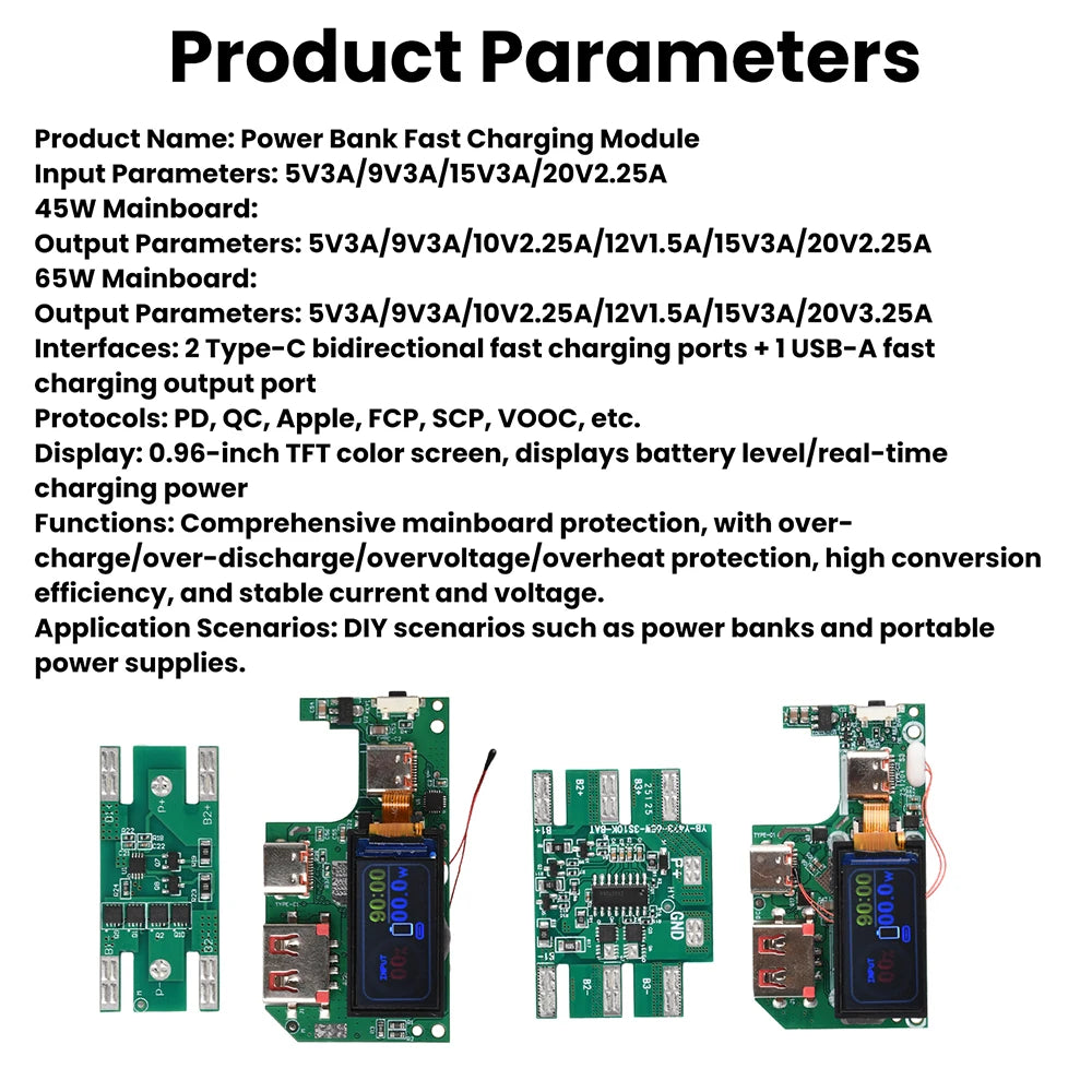 45W 2S 65W 3S Fast Charging Module with TFT Display PD QC Compatible DIY Power Bank Circuit Board for Portable Chargers
