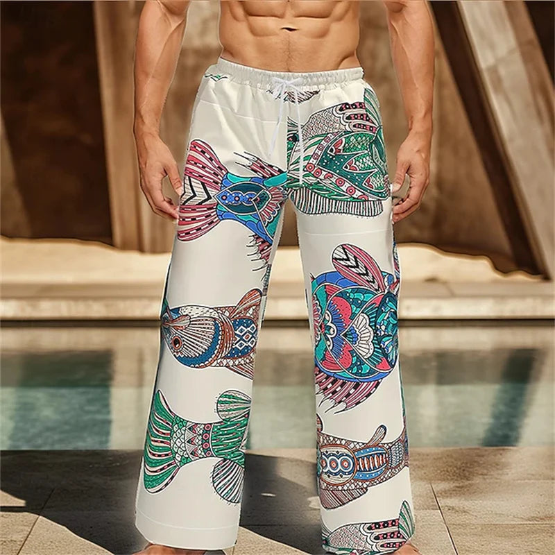 New men's loose fit casual pants with 3D printed geometric patterns, fashionable and comfortable wide leg pants