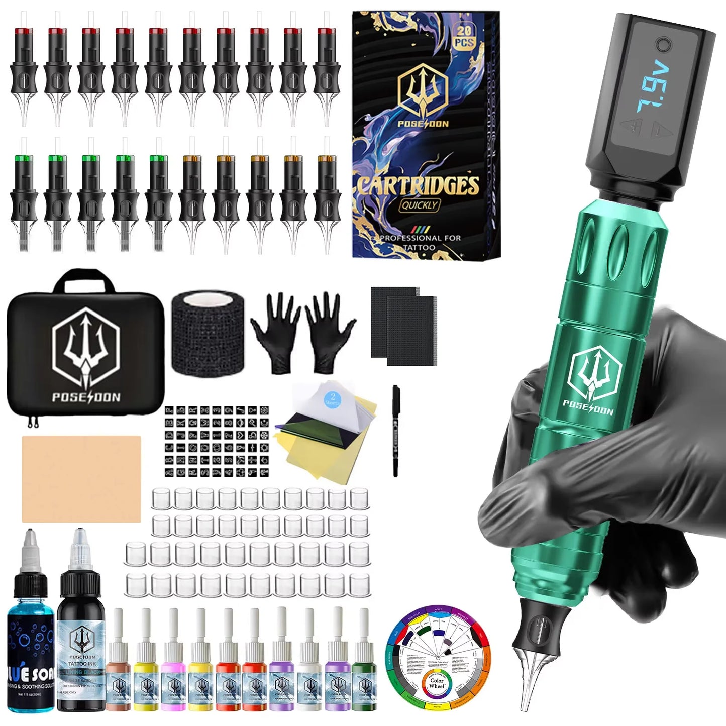 Tattoo Kit POSEIDON V5 Green Tattoo Pen Kit For Permanent Makeup Tattoo Machine Kit Wireless Tattoo Power Supply Tattoo Gun Kit