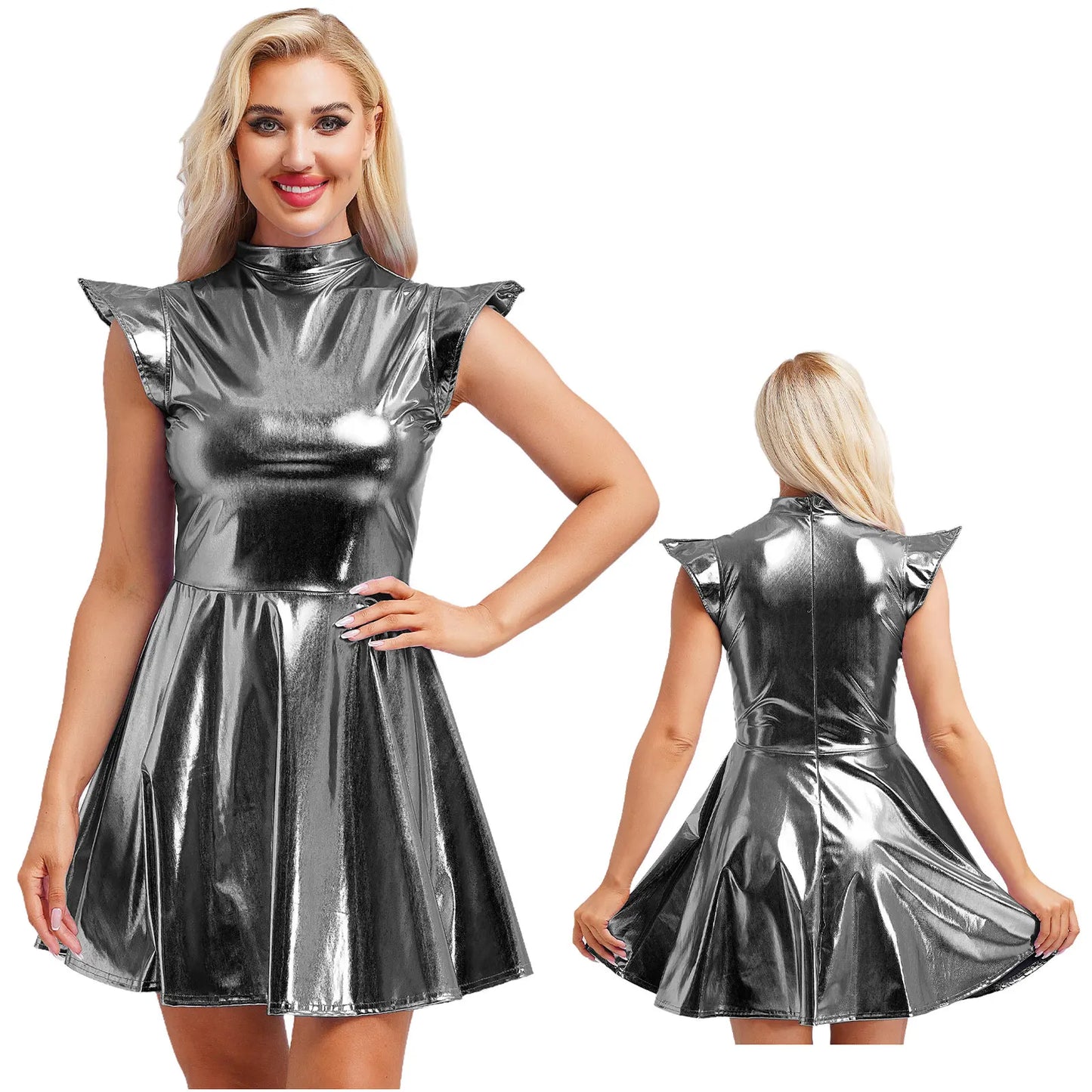 Womens High Waist A-line Dress Shiny Metallic Mock Neck Cap Sleeve Dress Modern Pole Dance Rave Party Bar Club Wear Street Wear