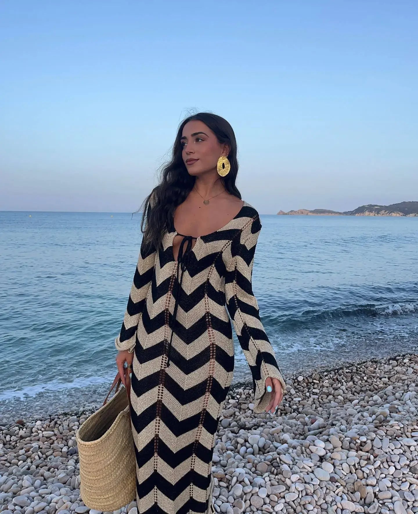 2025 Women's  Stripled Long Sleeve Slim Elegant Knitted Maxi Dress V Neck Autumn New Lace Up Hollow Sexy Beach Cover Up Dress