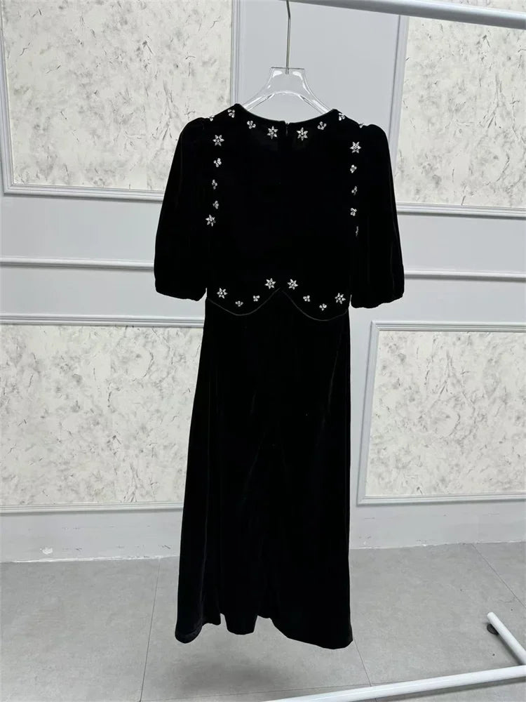 Handmade Nail Beaded Women Velvet Midi Dress Puff Sleeve Slim Waist Female Elegant Evening Dresss Spring Summer