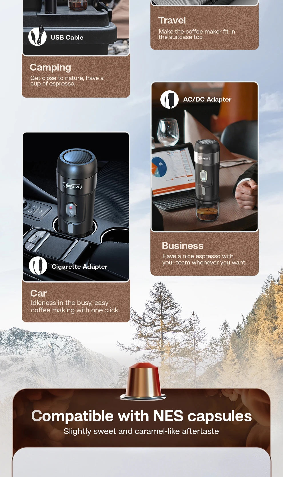 HiBREW Portable Coffee Machine Expresso Coffee Maker Fit Nexpresso Capsule Coffee Powder for Car Camping & Home Heat Water H4A