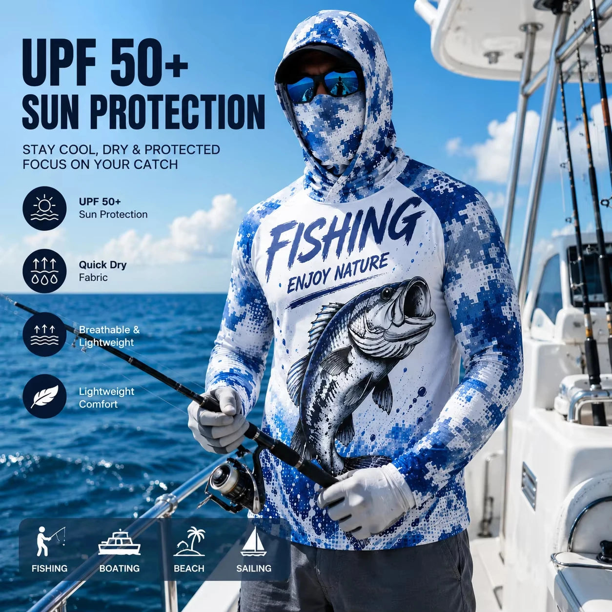 MALFC Men Hood Fishing Shirt long sleeve fishing t shirt uv protection Fishing Apparel
