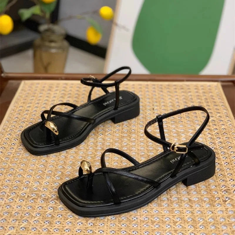 Sandals Women 2024 Summer New Fashion Square Toe Roman Shoes Simple Fairy Strap Women Shoes Flat Casual Shoe Sandalias De Mujer