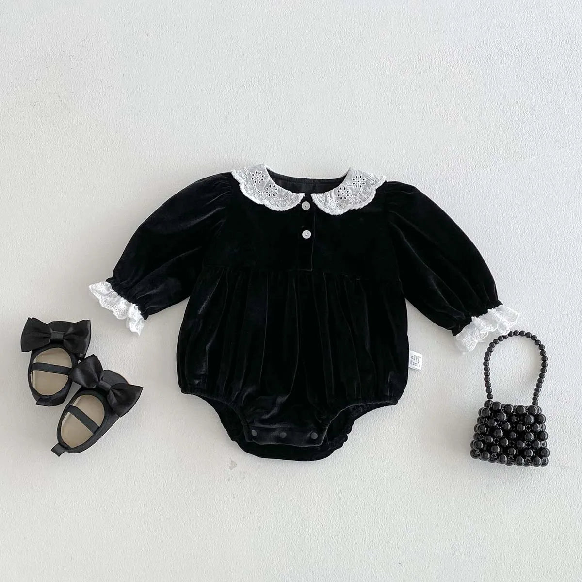 Spring and Autumn Baby Girl Black Lace Crew Neck Jumpsuit, Baby Girl Autumn Long Sleeve Dress Jumpsuit, Very Suitable for Going Out