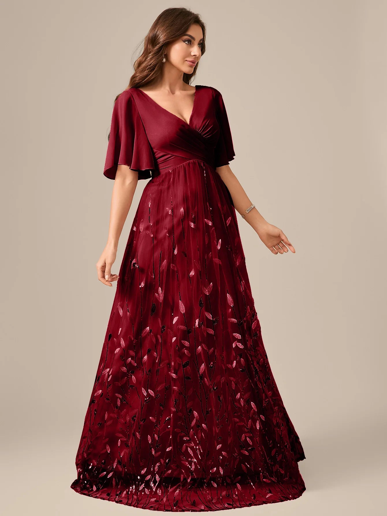 UNITHORSE Random Cutting V-neck Lace-Trimmed Sleeves Chest Pleats Leaf Pattern Tulle Patchwork Evening Dress