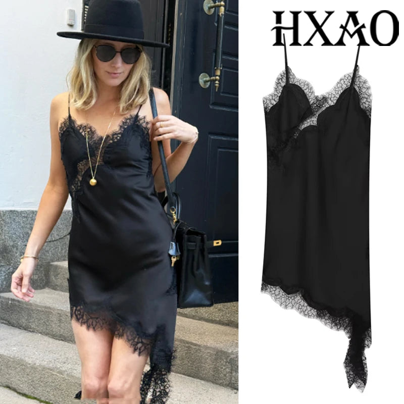 HXAO Slip Womens Dresses Sleeveless Black Lace Dress Woman Asymmetrical Elegant Party Dresses Sexy Backless Satin Yellow Dress