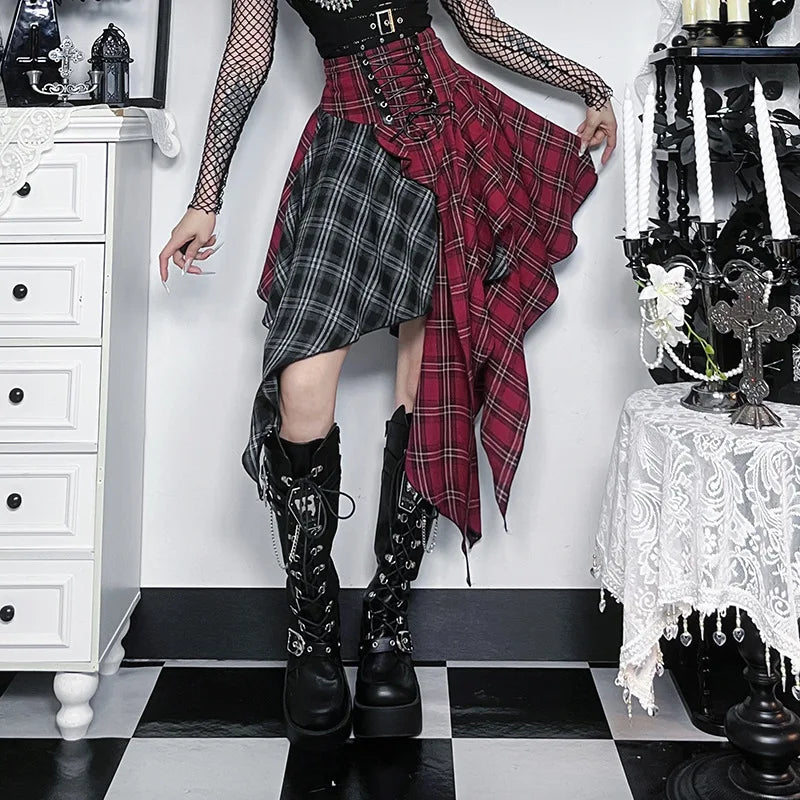 Goth Dark E-girl Streetwear Plaid Patchwork Irregular Hem Short Skirt Gothic Bottoms Y2K Punk Bandage Mini Skirts Alt Clothing