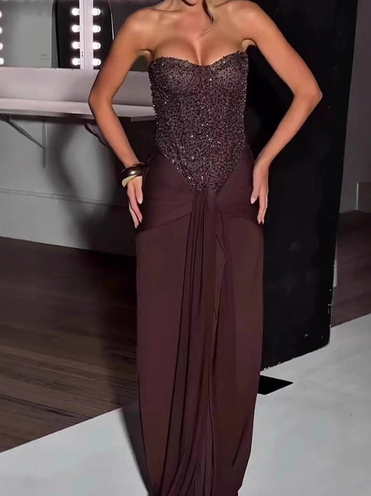 Women's Sexy Strapless Sleeveless Evening Dress Fashion Waist Slim Solid Wedding Dress Elegant Sequins Splicing Pleat Long Dress