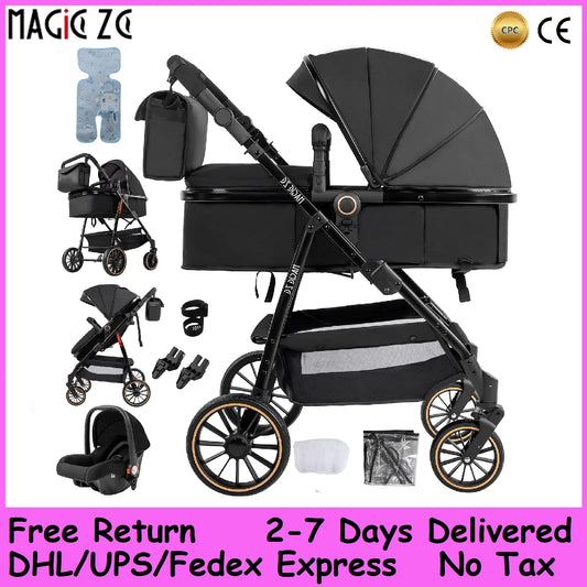 3-in-1 Baby Stroller with Bassinet & Car Seat Mode, 5-Point Harness, One-Hand Fold & Lightweight Design for Compact Storage