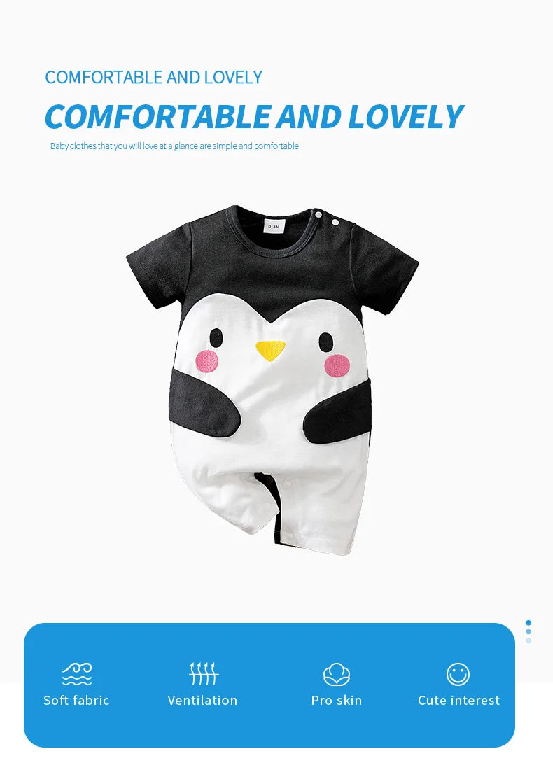 Baby Clothes Cute Cartoon Penguin Comfortable Soft Boy And Girl Summer Round Neck Short Sleeved Baby Jumpsuit