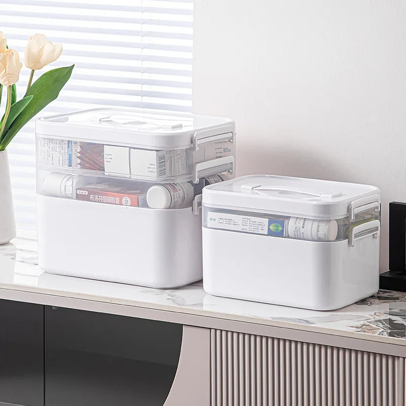 Multi-Layer Medicine Storage Box - Portable Home Emergency Organizer with Snap Closure, Durable Plastic Material, for Storing and Organizing Medicines and Miscellaneous Items
