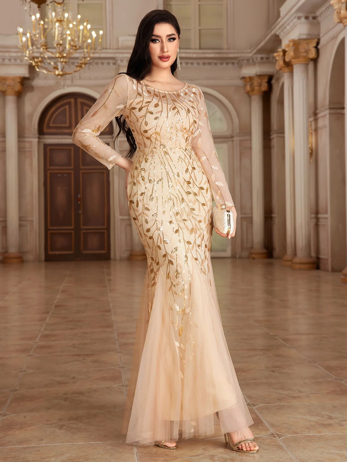 Elegant Round Neck Sequined Mermaid Long Formal Evening Dress With Long Sleeves