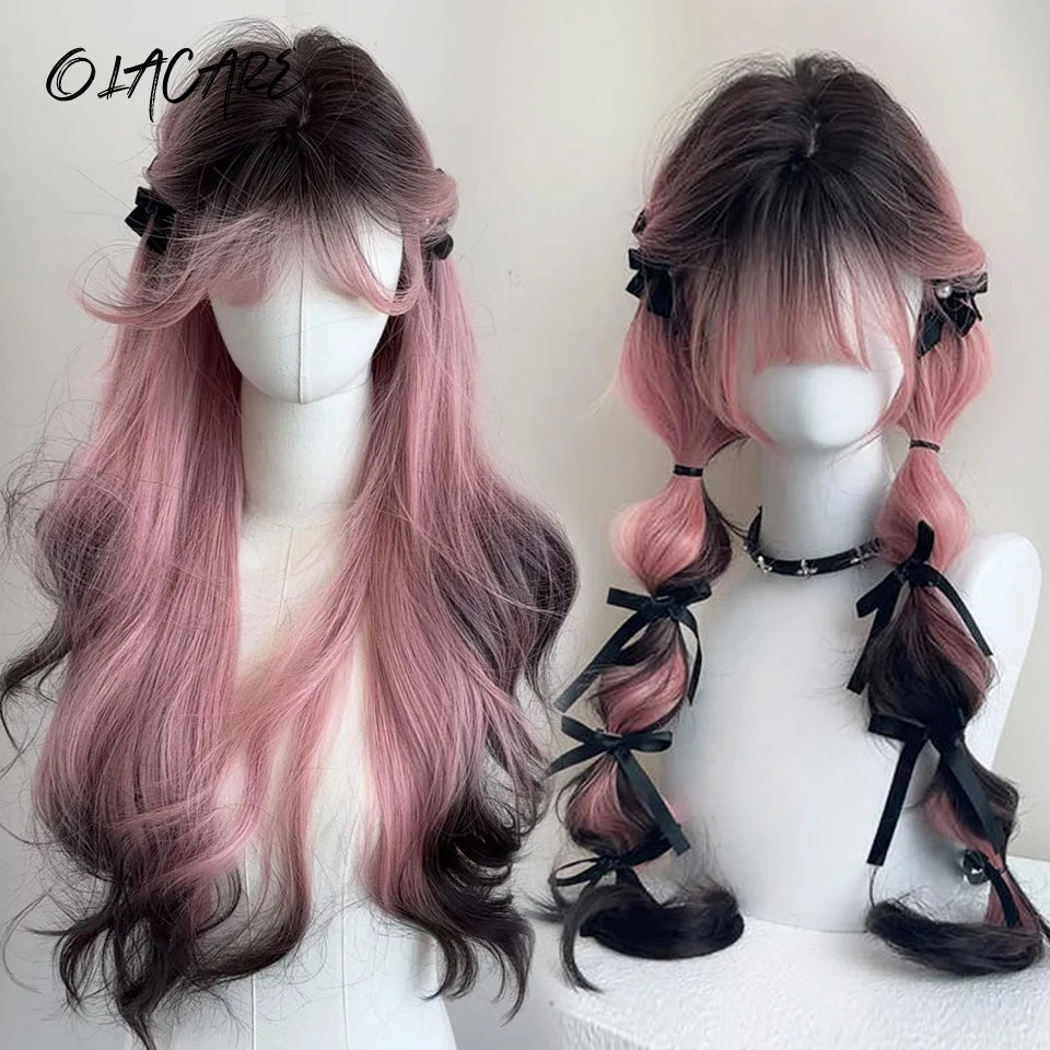 Synthetic Long Curly Wavy Lolita Wig with Bangs Wig Girl Cute Ombre Pink Blonde Black Cosplay Party Halloween Harajuku Wig