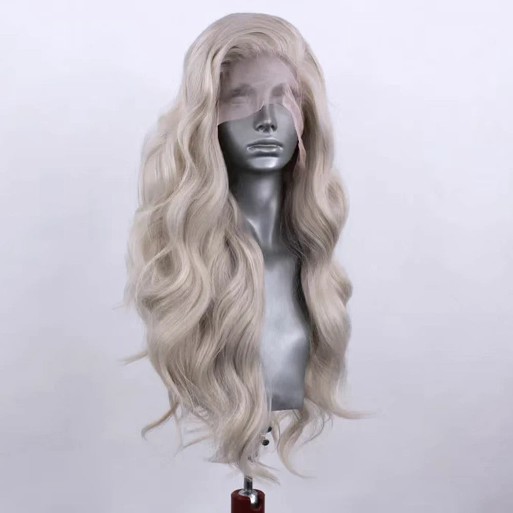 AIMEYA Ash Blonde Lace Front Wig Long Body Wave Synthetic Wig 13x4 Frontal Lace Glueless Daily Use Cosplay Wigs for Women