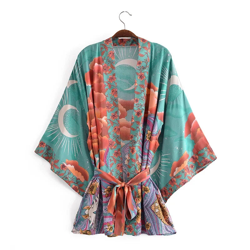 Happie Queens Vintage Star and Moon Floral Print Sashes Women Bohemian V Neck Batwing Sleeves Happie Short Robe Kimono