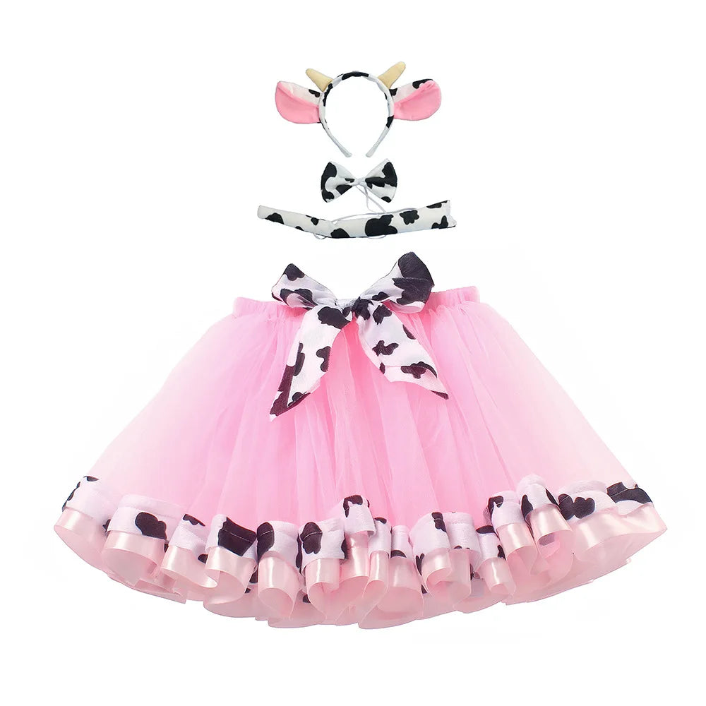 Girls' Short Skirt Midi Skirt Double-Layer Mesh Tutu Skirt,Cow Four-Piece Set Animal-Themed Dress, Halloween Performance Costume