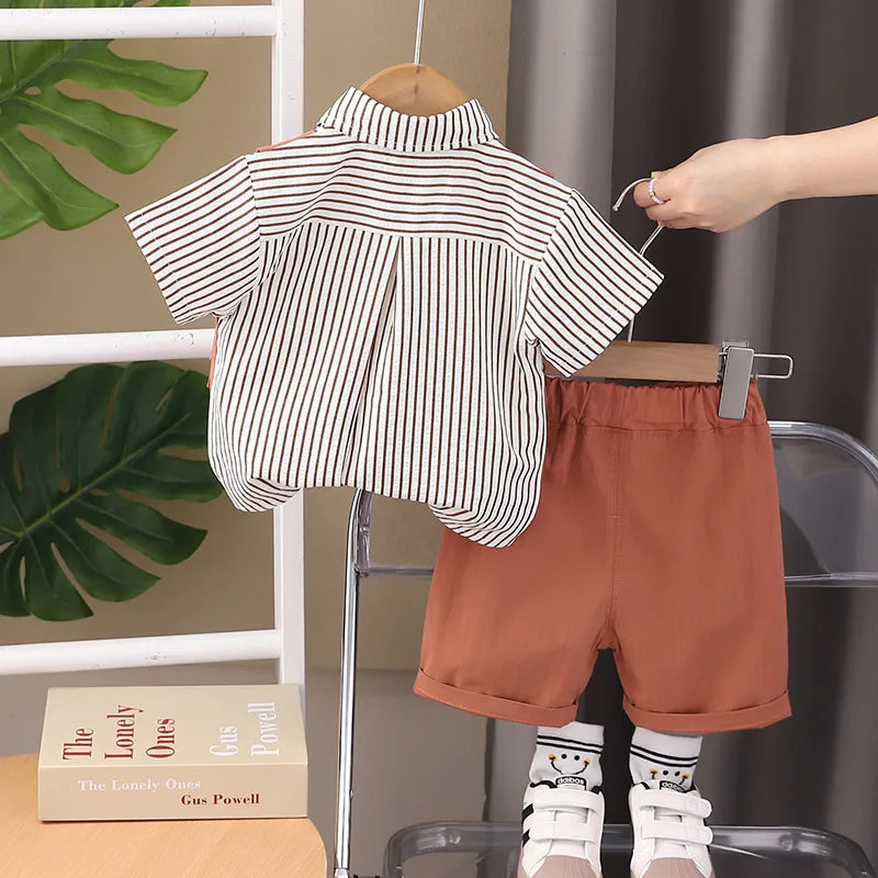 Toddler Summer 1st Birthday Boy Outfit 2024 Korean Style Striped Turn-down Collar Short Sleeve Shirts + Shorts Boys Clothes Sets