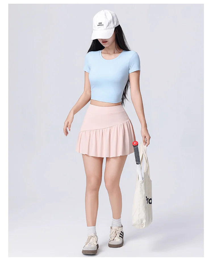 Women High Waist Asymmetrical Tennis Skirt Built-in Shorts Quick Dry Breathable Workout Running Sports Mini Skort
