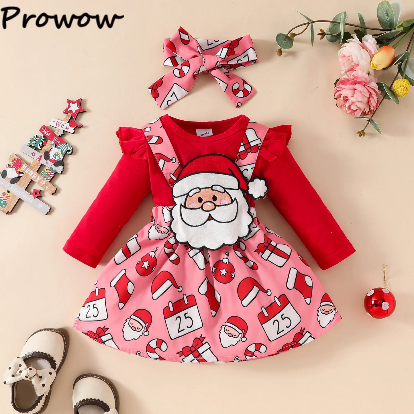 Prowow Baby Girls Christmas Outfits Set Red Bodysuit+Plaid Deer Suspender Dress Set 3pcs My First New Year Costume For Baby 2026