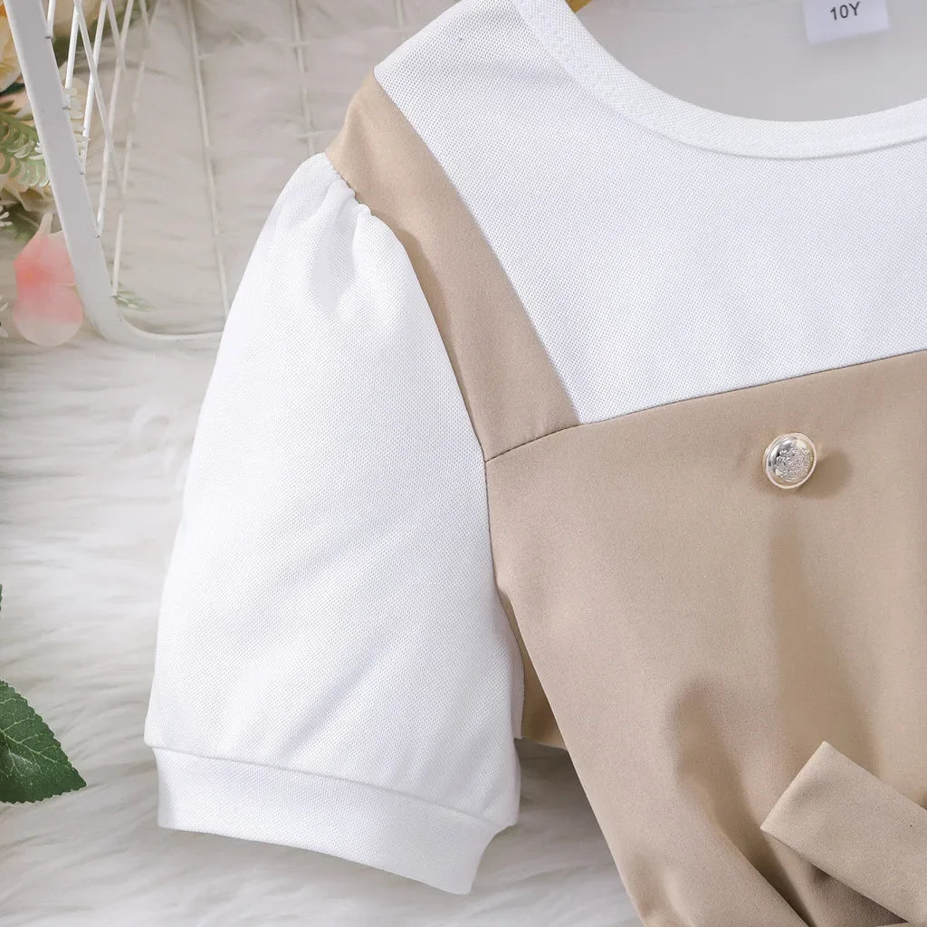 8-12Yrs Girl Dress Summer Khaki and White Short Sleeve Children Dresses Simple Fashion Teen Girl Clothes Party Big KIds Outfit