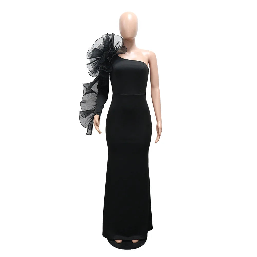 One Shoulder Long Dress Women Elegant Party Dresses Ruffles Sleeve Bodycon Evening Summer Dresses Female Birthday Dress HWY1896