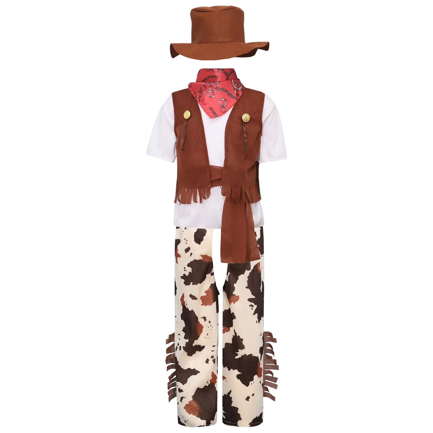 6Pcs Boys Western Cowboy Bandanna Halloween Cosplay Costume Dress Up T-shirt with Pants Vest Hat Bandana And Waistband Set