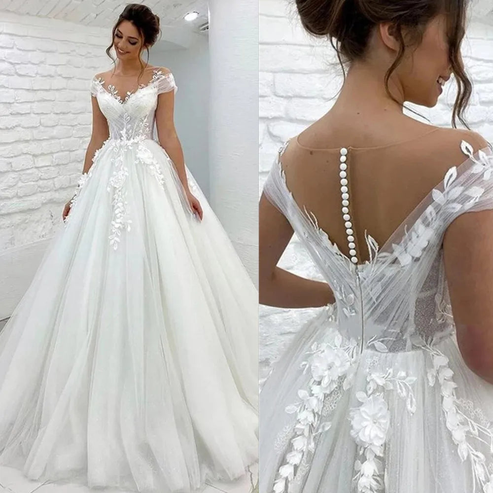 Bride Gown For Woman Illusion A-Line Bow Sashes Bridal Gowns O-Neck Satin Appliques Half Sleeves Wedding Dresses Robe De Mariée