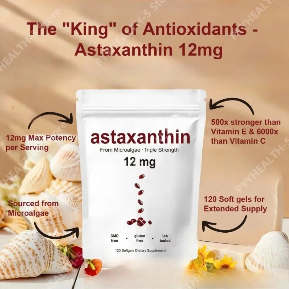 Astaxanthin 12mg Softgels - Daily Antioxidant Support, Non-GMO, Gluten-Free, Soy-Free, 120 Capsules for Adults