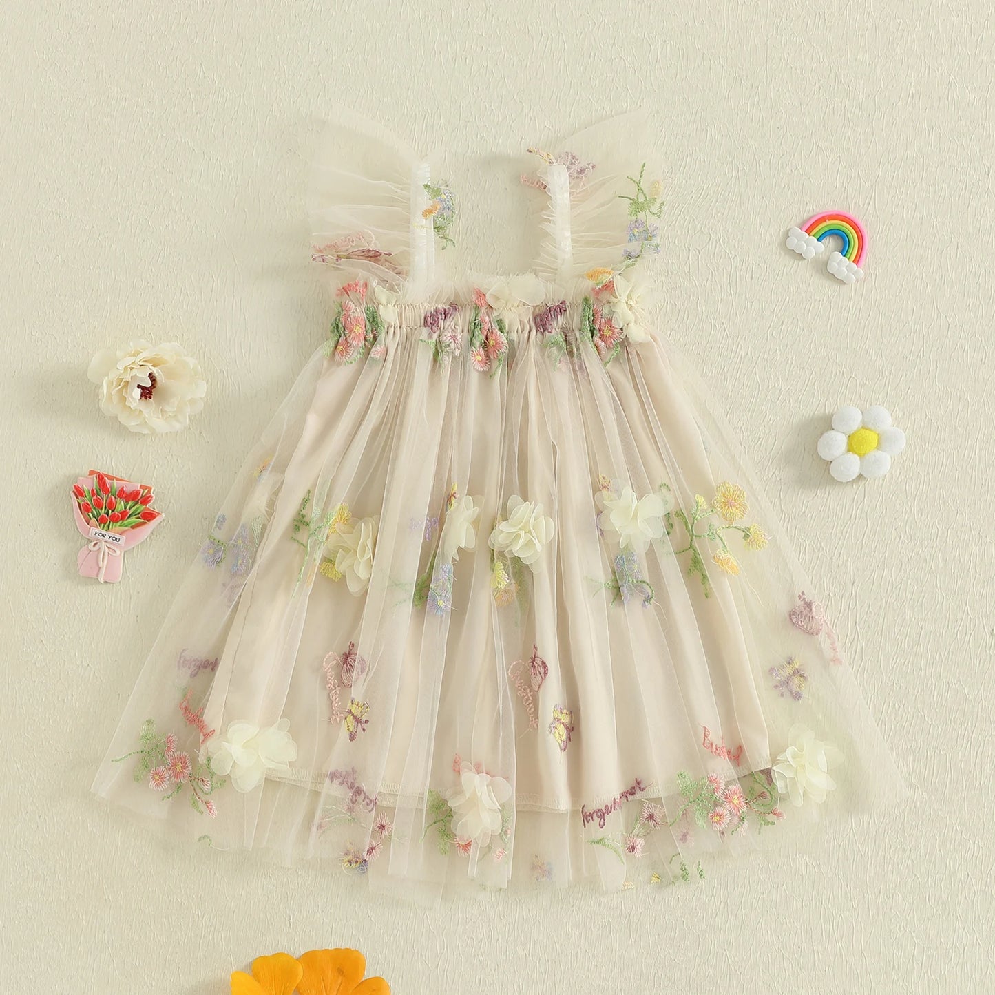 Baby Girl Square Neck Floral Embroidery Lovely Dress Kid Princess Lovely Dress Ruffle Sleeveless Toddler Party Dress Clothes