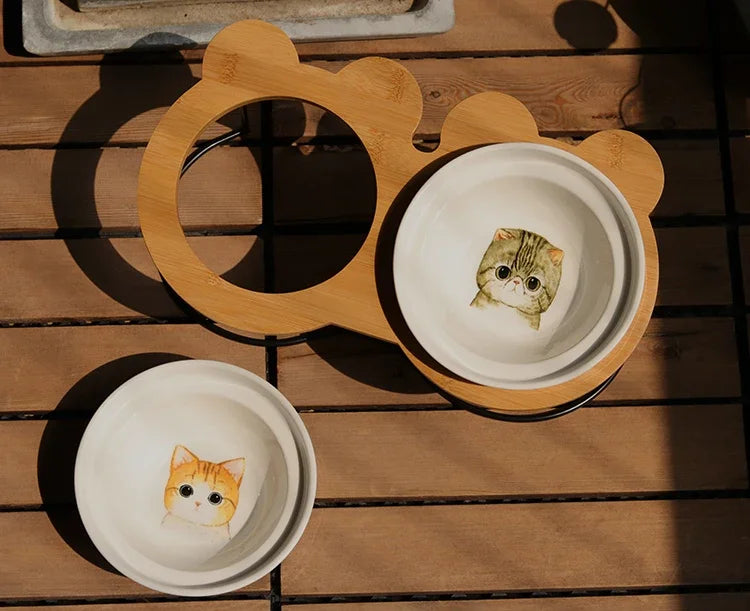 Ceramic Cat Bowl Cat Food Feeder Dog Bowls Drinking Water Bowl Cervical Protection Pet Supplies Ceramic Double Cat Bowls
