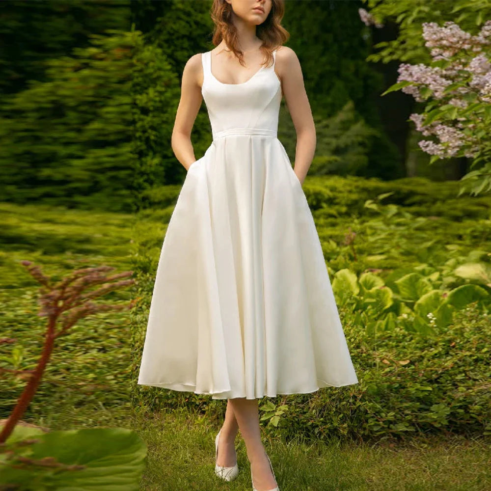 2025 Elegant Midi Wedding Dresses Satin A-line Modern Engagement Dress Ivory Square Neck Pocket Ruched Anniversary Bridal Gown
