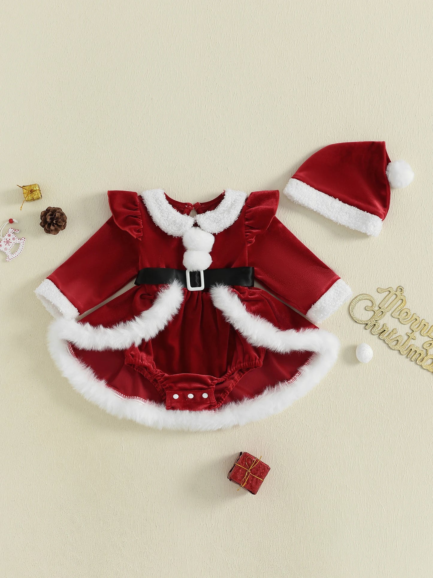Citgeett Winter Christmas Infant Baby Girls Bodysuit Dress Plush Patchwork Long Sleeve Jumpsuits Cute Santa Hat Set Outfits