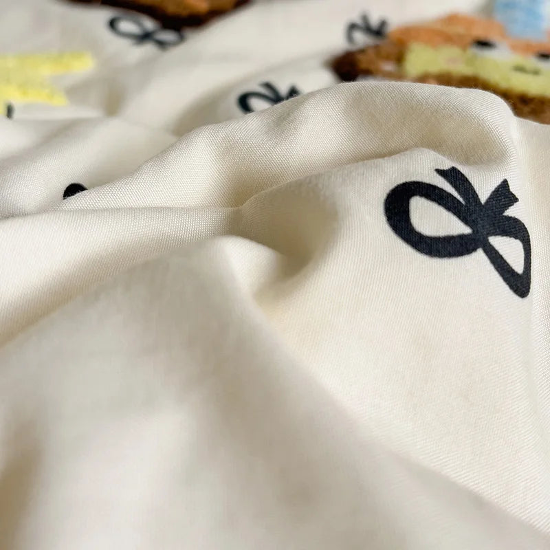 Cartoon Animal Embroidery Bedding Set For Adults Kids Cute Flat Fitted Sheet With Pillowcases Washed Cotton Colorful Full Size