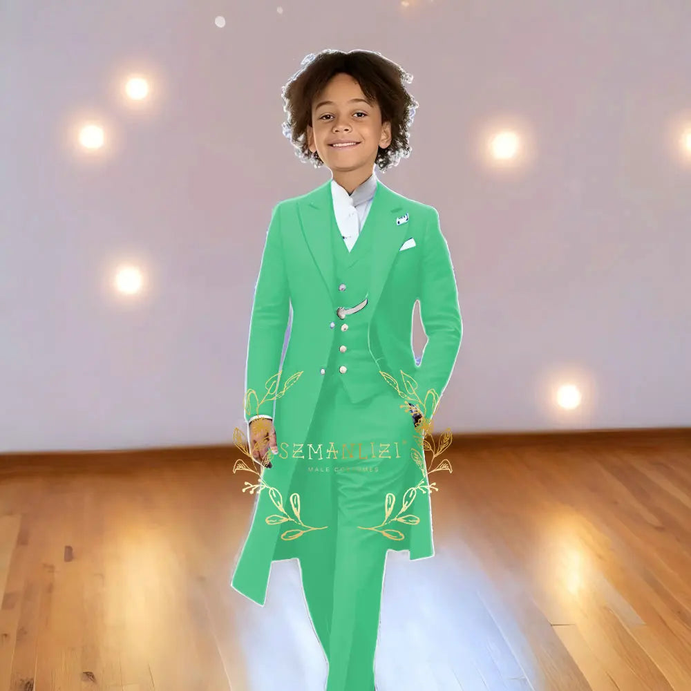Children Formal Tuxedos Boys Suit Light Grey Long Jacket Vest Pants Sets for Piano Performance Birthday Party Costume Tailored