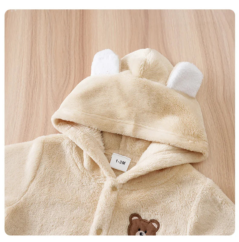 Newborn Baby Romper Winter Flannel Beige bear Hooded ears long sleeve Unisex Baby Pajamas 0-18 months Comfort Clothes