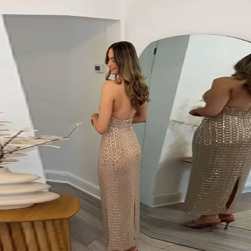 Sexy See Through Shinny Party Maxi Dress For Women O Neck Sleeveless Slim Fit Long Vestidos 2025 New Lady High Street Robes
